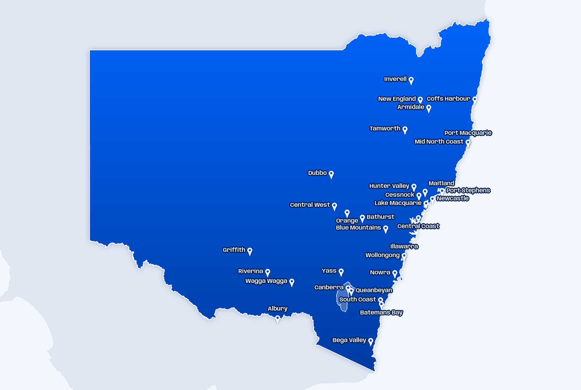 Map of the regions and cities Transform Water services across New South Wales and the ACT